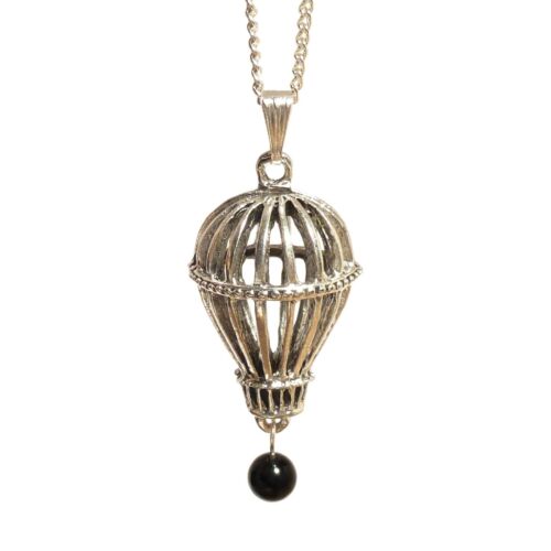 Steampunk Victorian Hot Air Balloon Necklace - Black Onyx Gemstone Drop Silver - Picture 1 of 3