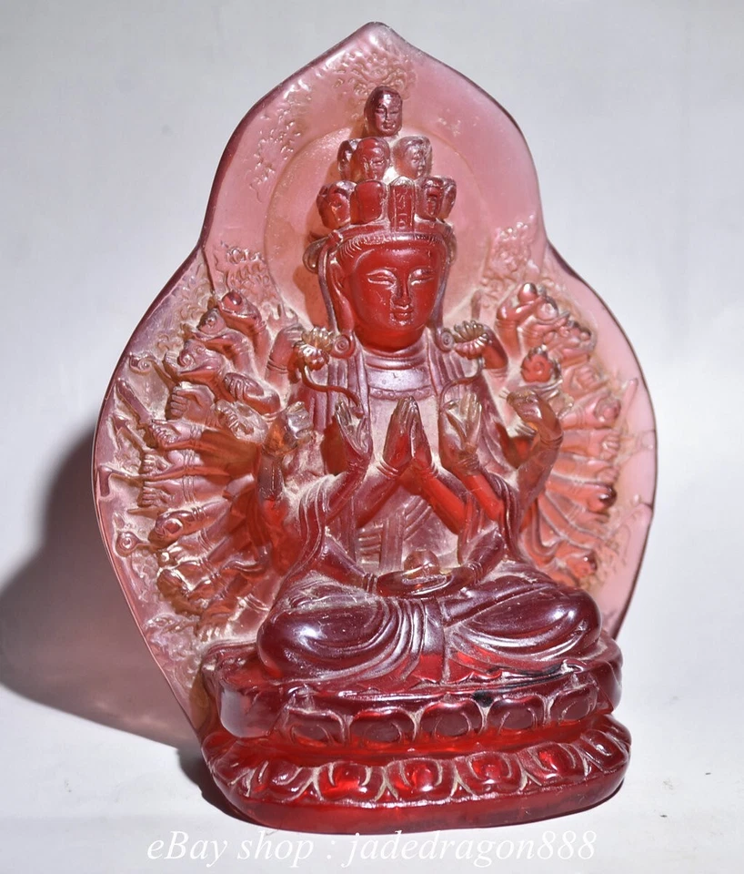 6" Old Chinese Red Amber Carved Sit 1000 Arms Avalokiteshvara of Goddess Statue - Image 4 of 4