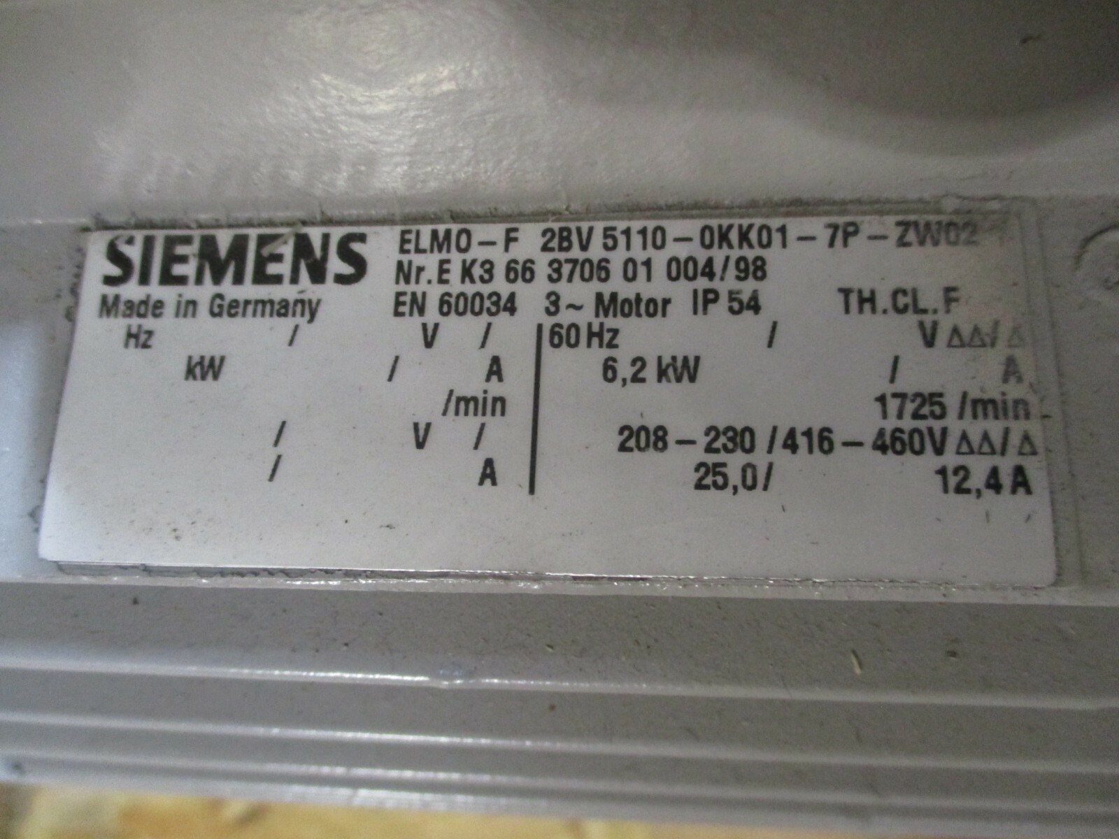 Siemens Vacuum Pump ELMOF 28V 51100KK017PZW02 6.2kW 208230/416