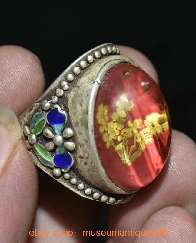 1.4" Old Chinese Cloisonne Silver inlay red gem plum blossom Jewelry Ring - Image 2 of 4