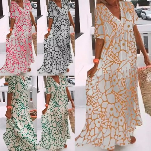 PASUDA Robe D'Été Femme En Coton Col V Mi-Longue - Robe Bohème Chic Taille Haute Avec Poches