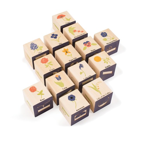 Uncle Goose flower blocks with 16 colorful botanical illustrations and labeled drawers, made in the USA.