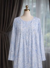 Miss Elaine Midi Nightgown Blue White Paisley Soft Brushed Satin Button Size M
