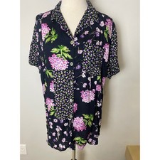 Vintage Carole Little Sport Floral Patchwork Button Down Shirt Black Purple 6