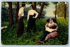 1913 Romance Couple Kissing Scene Field Let's Try It New York NY Posted Postcard