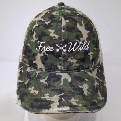 Green Camo Free & Wild Mesh Baseball Cap Hat OS Distressed Leopard