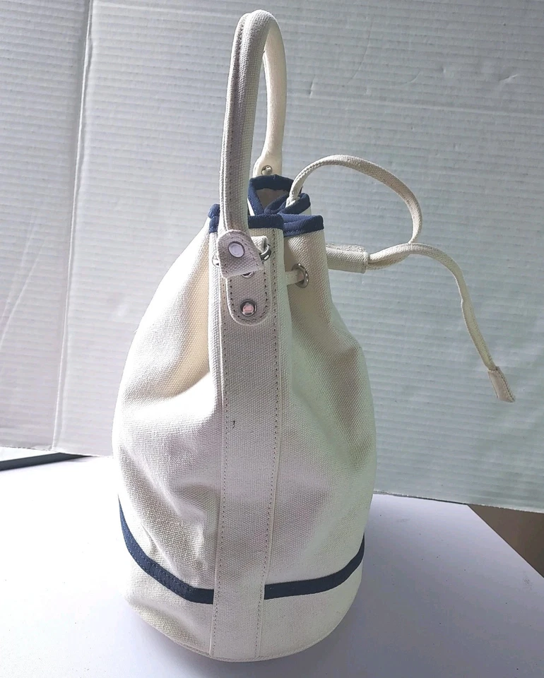 Tommy Hilfiger Bucket Bag Purse Beige White Blue Canvas Drawstring Handbag Y2K - Image 4 of 4