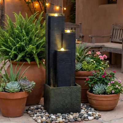 39'' H Outdoor Modern Cascading Water Fountain Freestanding Resin Waterfall