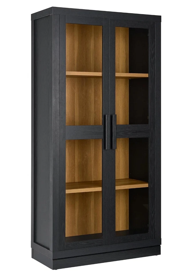 Современный черный 2-дверный стеклянный шкаф-витрина с акцентом регулируемые полки - Изображение 2 из 4