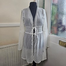 Shein White Swiss Dot Sheer Kimono Cardigan Crochet Lace Waist Beach Cover Up L