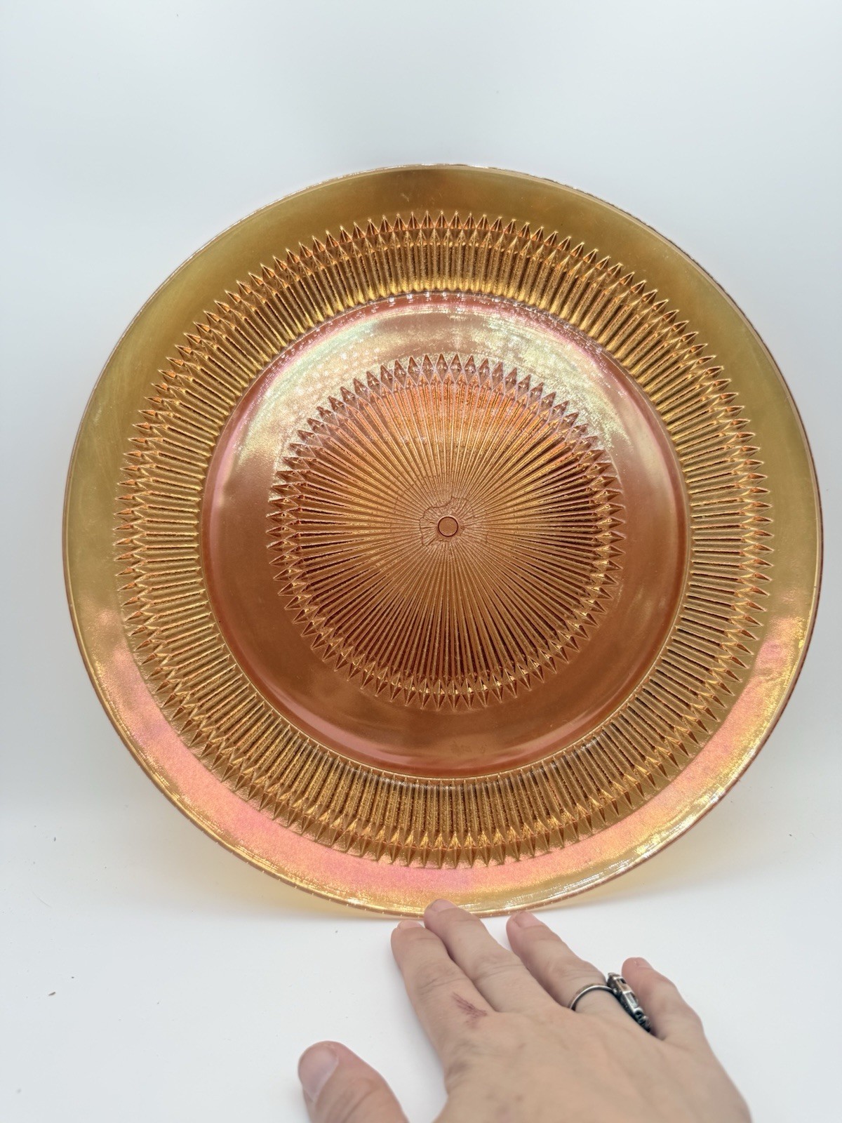 Jeanette Glass Marigold Iridescent Anniversary Platter Carnival