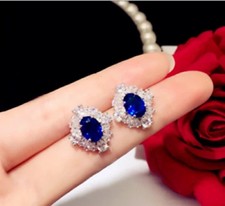 3Ct lab-created Sapphire Push Back Halo Stud Earrings 14K White Gold Finish