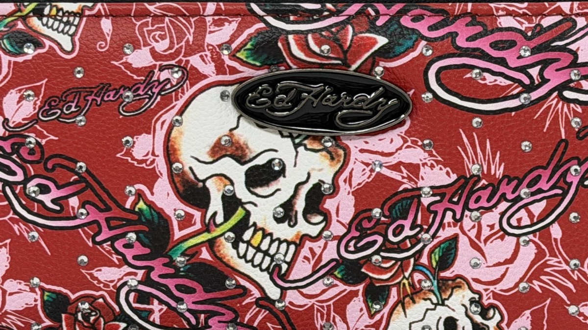 Ed Hardy Zip Around Wallet Wristlet Pink/Black Skulls Roses