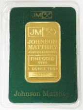 VINTAGE JM JOHNSON MATTHEY 1 OZ GOLD 999.9 BAR IN GREEN CARD 5650.00 per troy oz