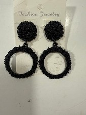 Black Beaded Textured Circle Hoop Dangle Statement Earrings