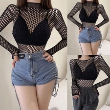 Fashion Fishnets Sexy Tops Black Hollow Long Sleeve Nylon Casual Chart
