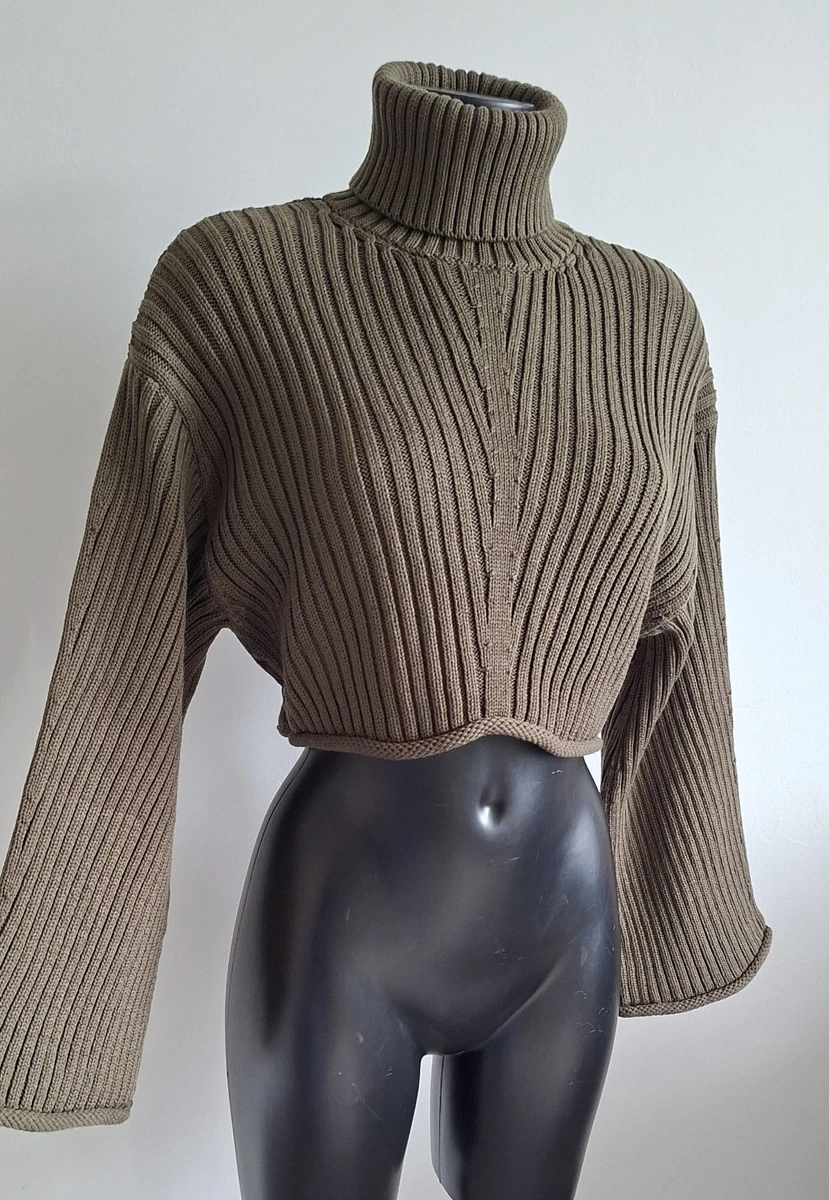 ZARA Khaki Green CHUNKY KNIT Polo Neck OVERSIZED Military CROP JUMPER XS 8 10