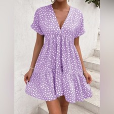 (B4) NWOT SHEIN Lilac Boho V-Neck VCAY Print Ruffle Hem Dress L 8 10