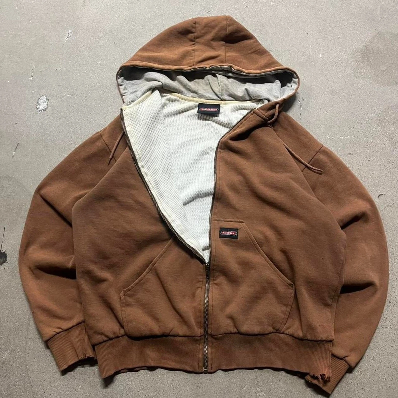 Thermal Lined Dickies Brown Distressed Zipup Hoodie Large