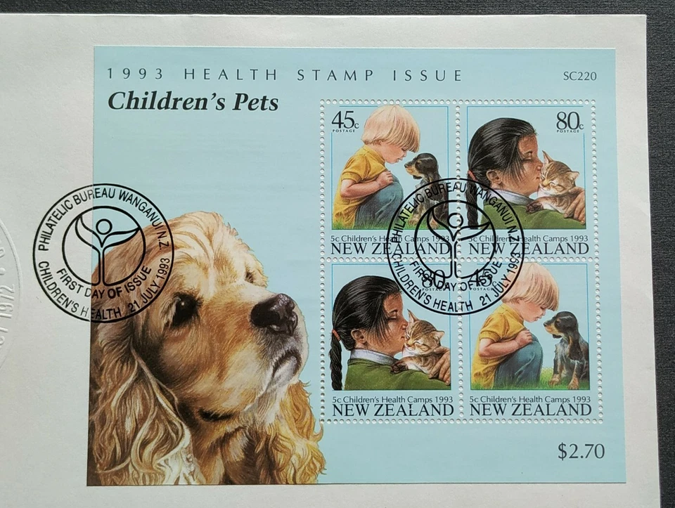 1993 New Zealand Health Issue - Children's Pets Miniature Sheet Stamps MS FDC - Image 2 of 3