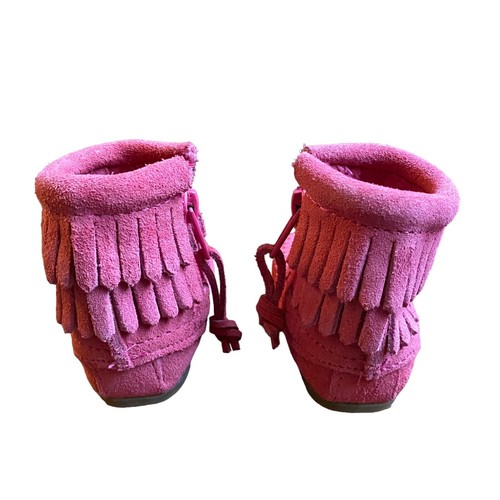 Minnetonka Mokassin doppelte Fransen Stiefel Baby 0-3 Monate Kleinkind Größe 1 Leder seitlicher Reißverschluss - Bild 7 von 8