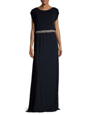 NEW Badgley Mischka Couture Embellished Cap Sleeve Gown in Navy - Size 12 #DD52