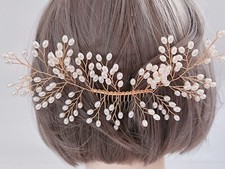 Women Prom dance headpiece Bride wedding Hair Styling Gold Pearl Comb Pin