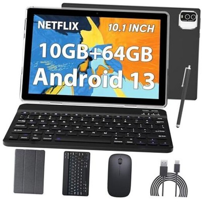 10.1 inch Android 13 Tablet, 10GB RAM 64GB ROM 1TB Expand 10GB+64GB Black
