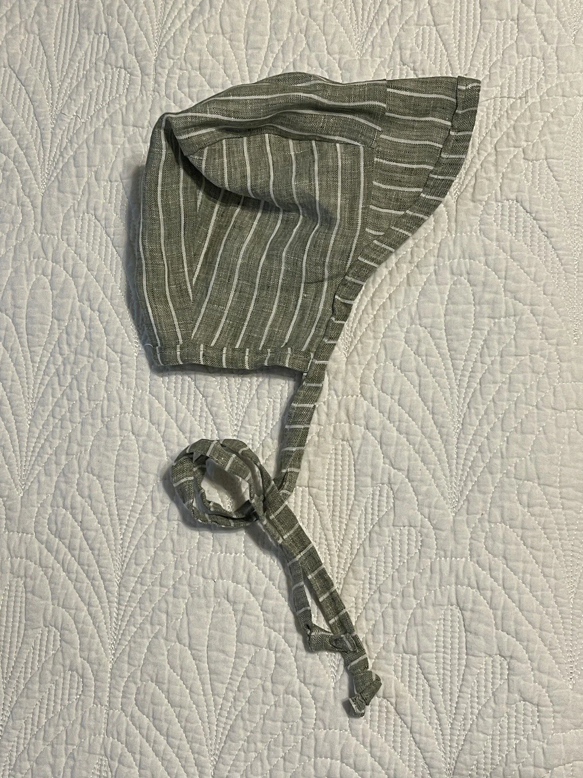 Handmade Linen Brimmed Bonnet Olive Green Pinstriped 3-6 Months Baby