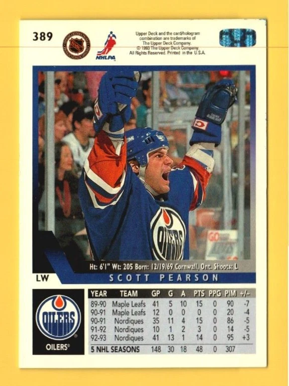 Scott Pearson Hand Signed Auto Autograph 1993-94 Upper Deck #389 - Image 2 of 2