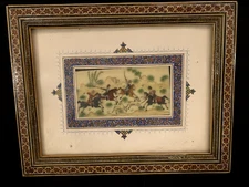 Persian Suratgari Camel Bone Painting with Inlaid Marquetry Mosaic Khatam Frame
