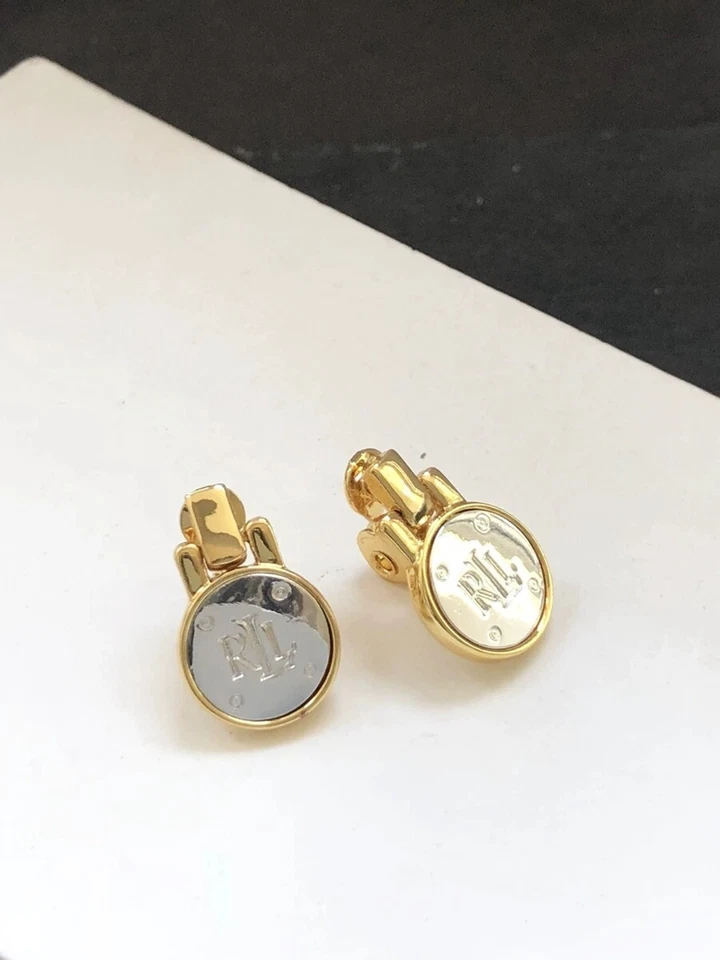 NUEVO Pendientes Ralph Lauren Dos Tonos Plata/Dorado Cresta RLL Clip-On Foto 3 de 4