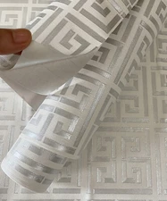 Peel and Stick Wallpaper Embossed Greek Key Geometric Wallpaper Silver on White