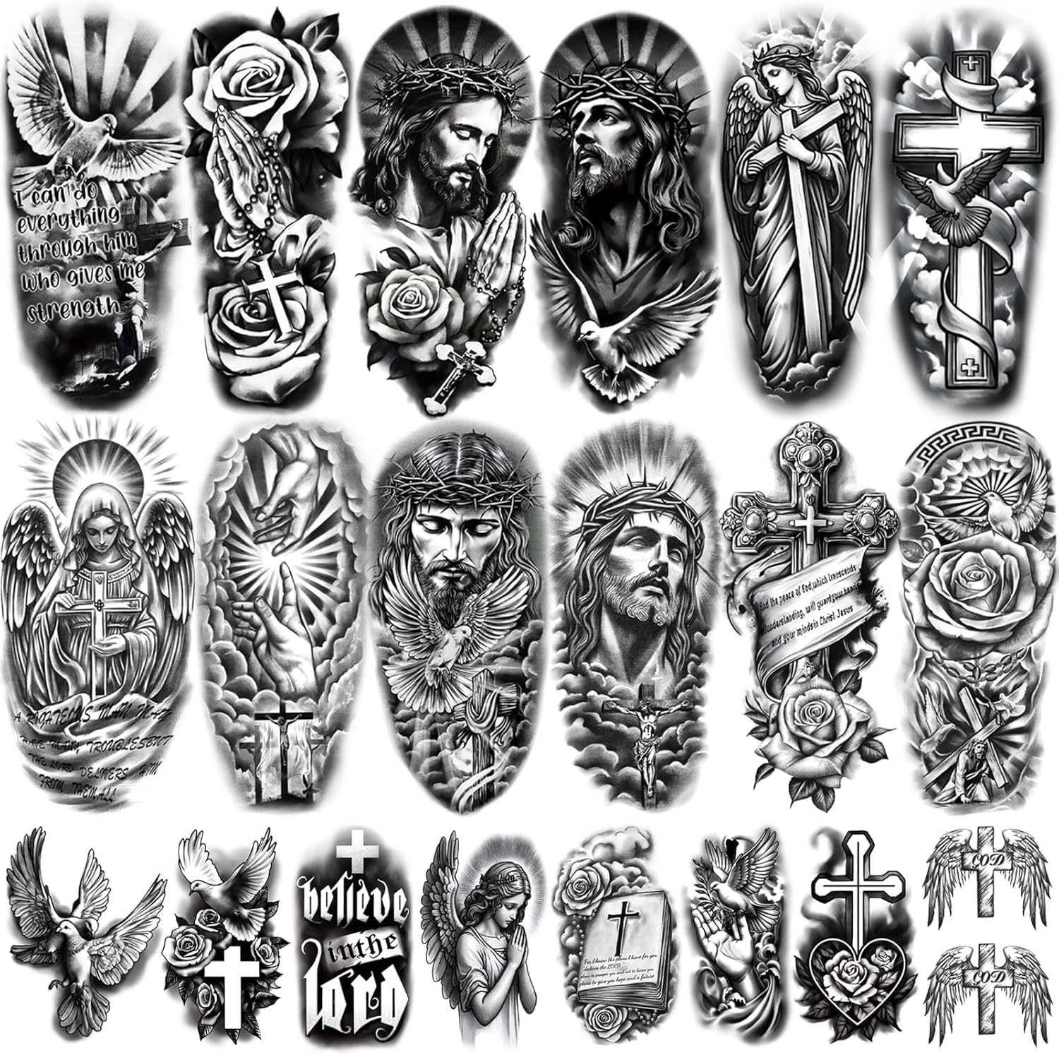 77 Sheets Christian Temporary Tattoo Adult, Religious Jesus Christ Cross Angels
