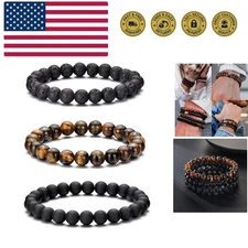 Tiger Eye Bracelet For Men 8MM Natural Stone Stretch Adjustable Black Crystal...