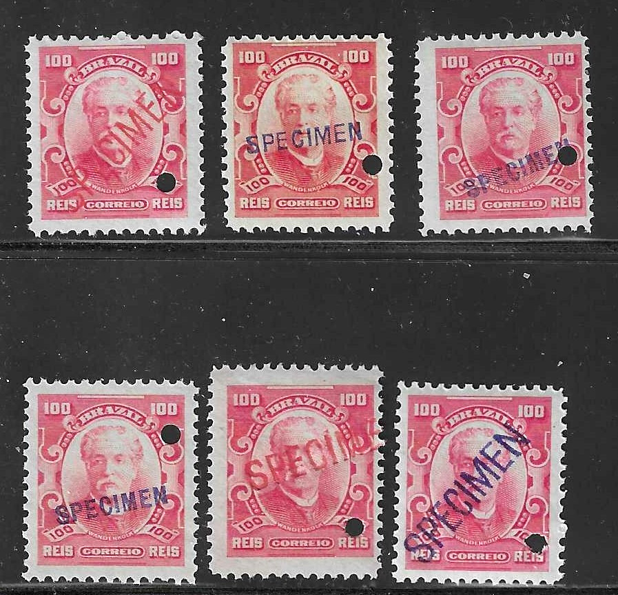 BRAZIL 1908, 100r Wandenkolk, Am. Bank Note Co.  6 diff. SPECIMEN ovpt NH #177