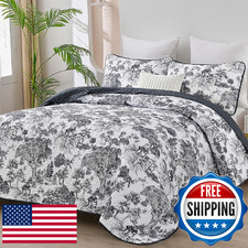 WONGS BEDDING Botanical Quilt Set Full Size, Black 3 Pieces Toile Floral Plants