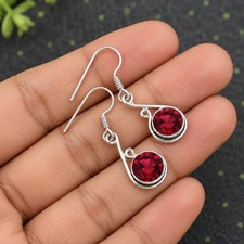Natural Garnet 925 Sterling Silver Round Curved Drop Dangle Earrings Handmade