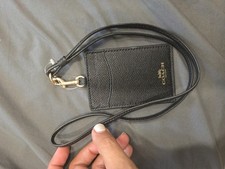 Coach Lanyard ID Card Holder Badge Slots Black Leather Gold Work Purse New