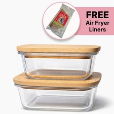 Glass Food Storage Containers Bamboo Lids Airtight Meal Prep Stackable 2pc