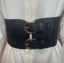 Black PU leather elastic waistband gold tone double buckle wide corset belt