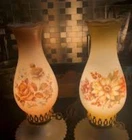 vintage 1970s White Milk Glass Hobnail Hand Paint Floral Hurricane Lamps