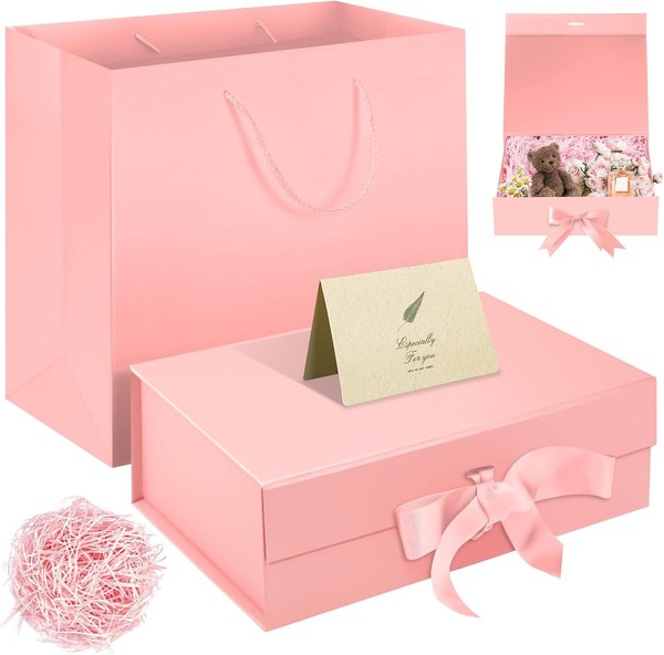Geschenkbox Magnetisch Rosa 32,5X23X10,5Cm Mit Beutel Schleife GrußKarte-image
