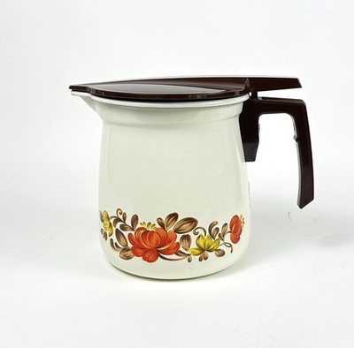 Mid Century Kujaku Enamel Drip Coffee/Tea Pot Japan Floral w Filter Insert & Lid