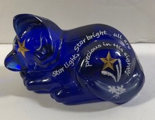 Fenton Special Order 2007 Indigo Blue Cat Hand Painted and Signed  Star Light  