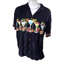Paradise Found Hawaiian Aloha Shirt 2XL Cocktails Hibiscus Flowers Black Rayon