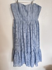 Azazie Dusty Blue Strapless Floral Jacquard Midi Dress Ruffle A12 Women’s