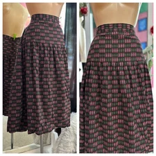 Vintage 40s Skirt Pink Green Handmade Cotton Long Midi Art Deco Drop Waist S/M