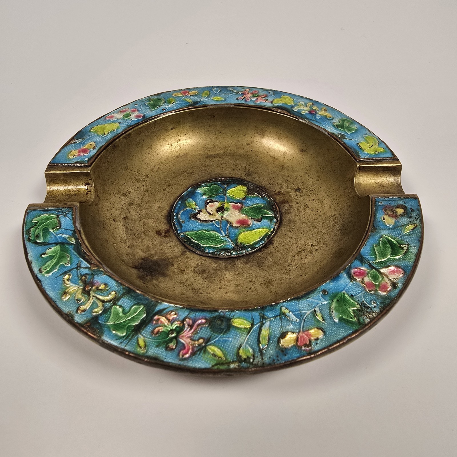 Vintage Chinese Cloisonné Enamel & Brass Ashtray | Ornate Floral Motif 5.25