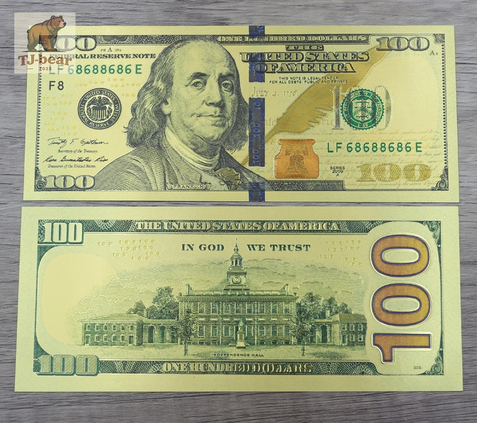 Venta al por mayor Lote 100 piezas Nuevos $100 dólares estadounidenses Color Oro Billetes Dinero Billetes Artesanías Foto 4 de 4